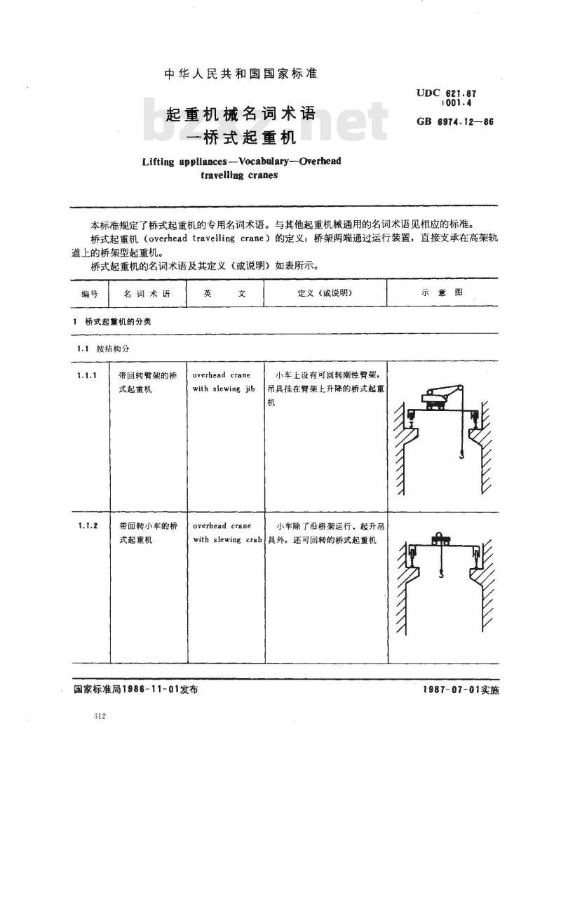 GB/T 6974.12-1986 起重机械名词术语 桥式起重机
