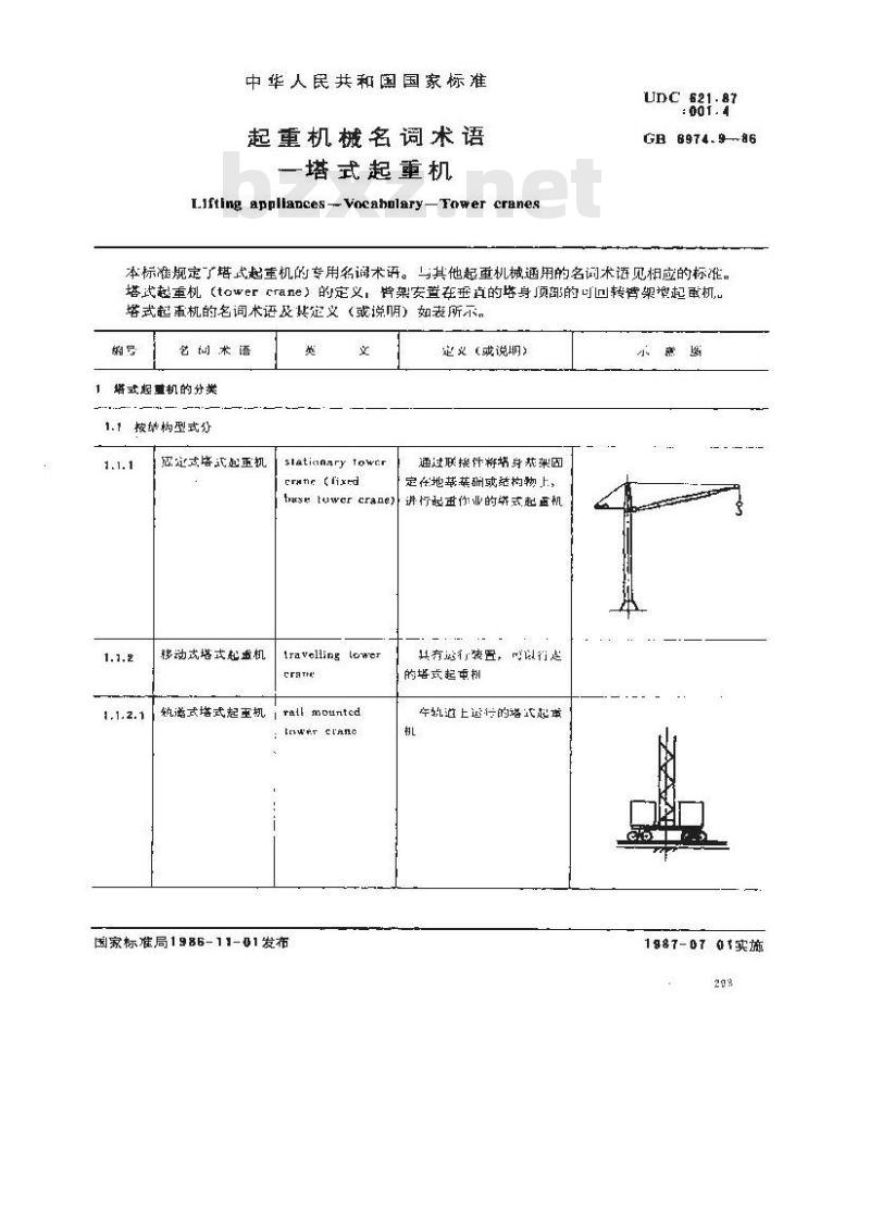 GB/T 6974.9-1986 起重机械名词术语 塔式起重机