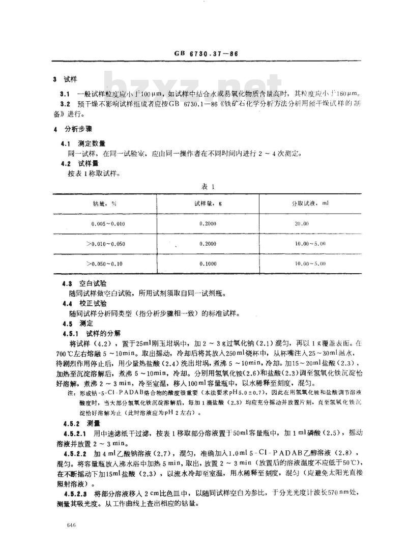 GB 6730.37-1986 铁矿石化学分析方法 4-[(5-氯-2-吡啶)偶氮]-1,3-二氨基苯光度法测定钴量