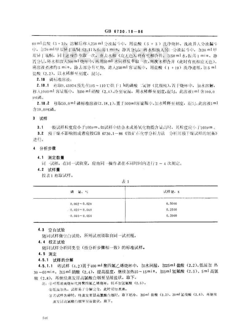 GB/T 6730.18-1986 铁矿石化学分析方法 乙酸丁酯萃取-钼蓝光度法测定磷量