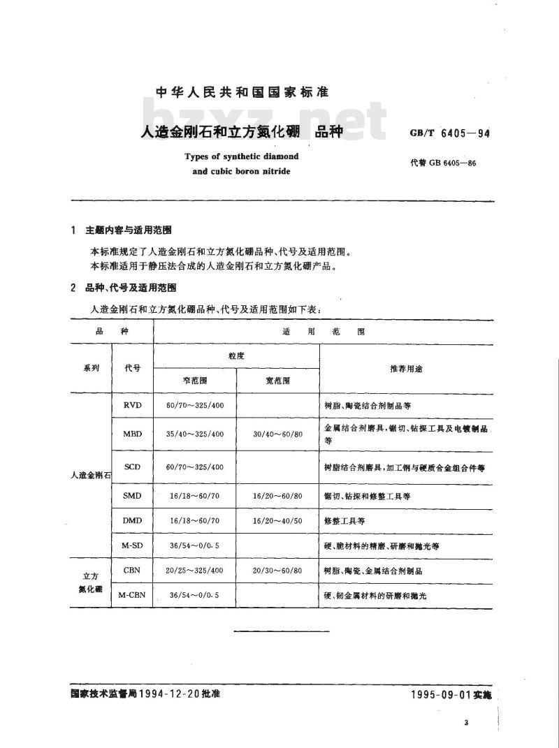 GB/T 6405-1994 人造金刚石和立方氮化硼 品种