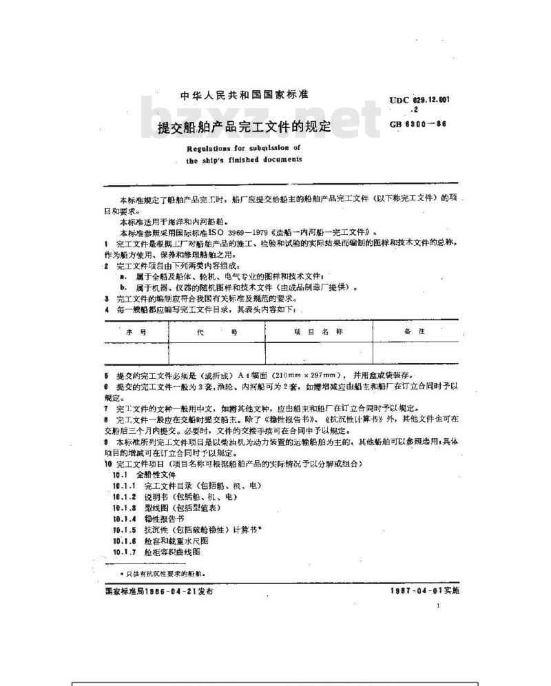 GB 6300-1986 提交船舶产品完工文件的规定