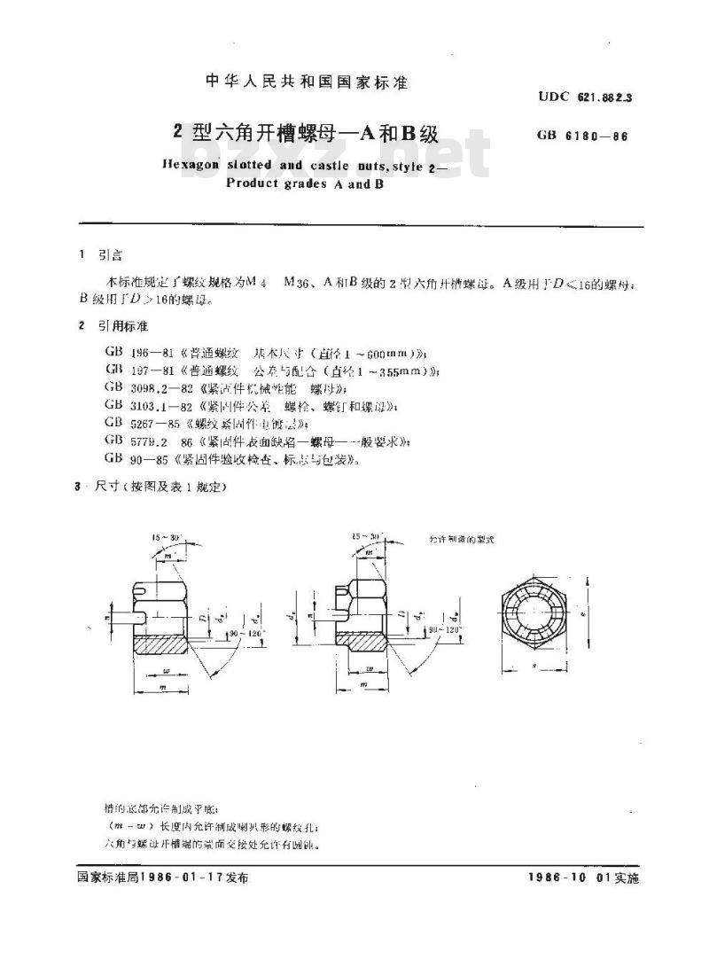 GB/T 6180-1986 2型六角开槽螺母 A和B级