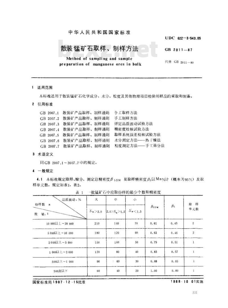 GB 2011-1987 散装锰矿石取样、制样方法