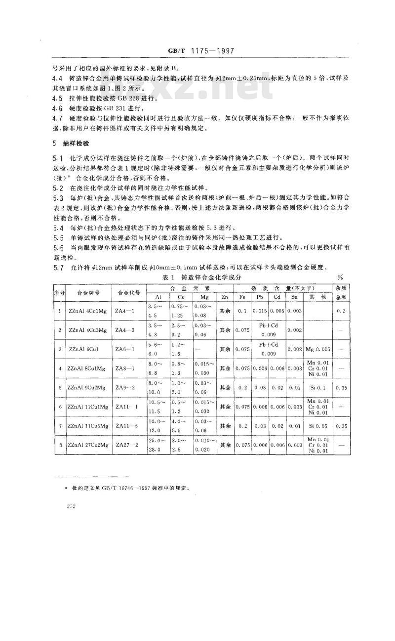 GB/T 1175-1997 铸造锌合金