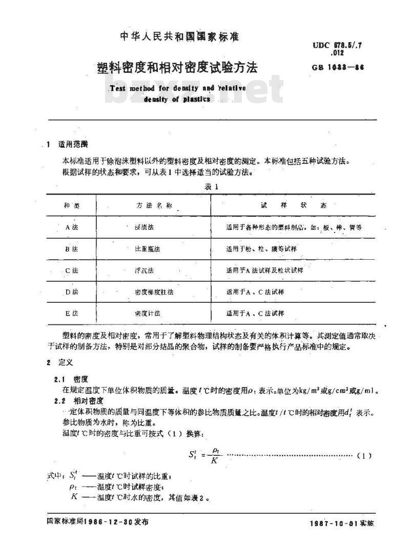 GB 1033-1986 塑料密度和相对密度试验方法