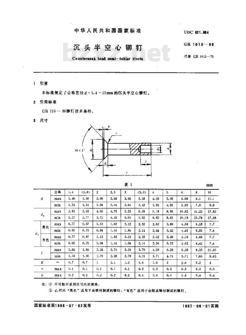 GB 1015-1986 沉头半空心铆钉