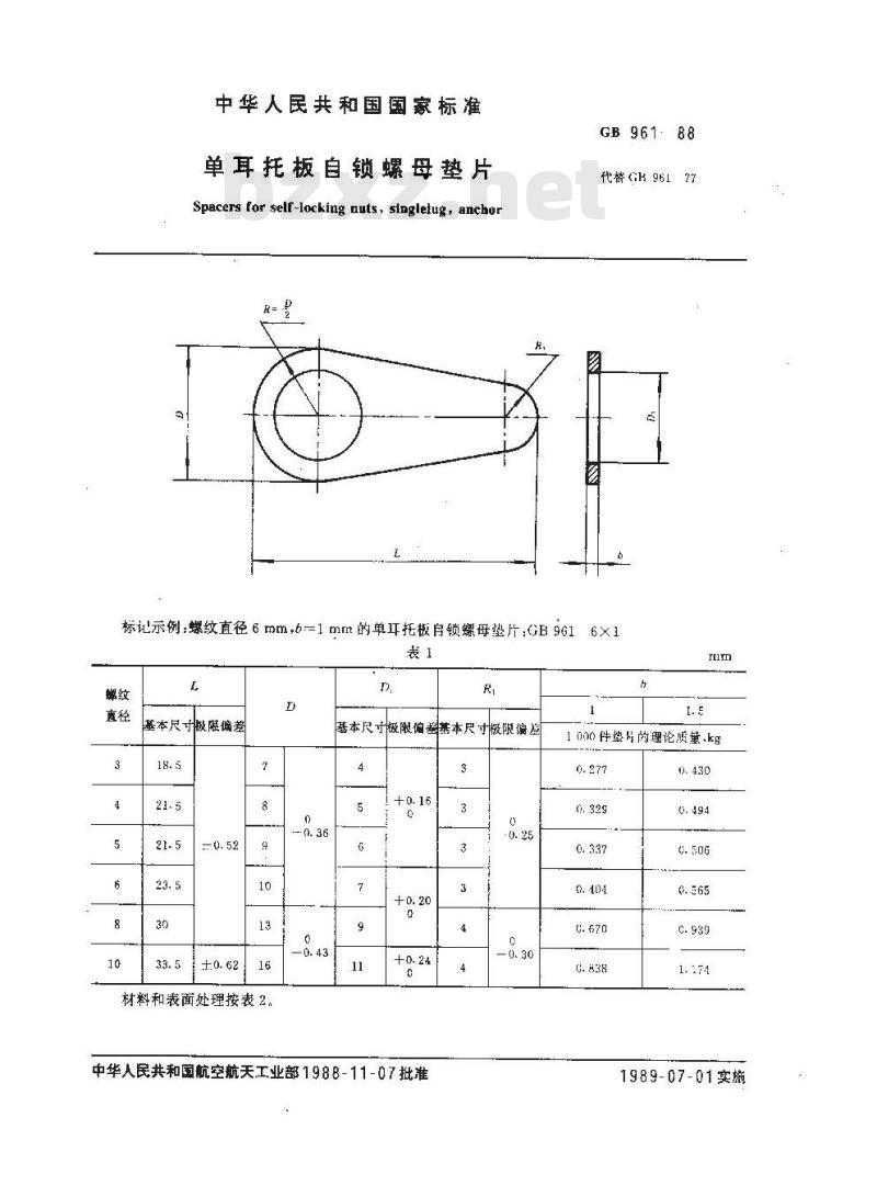 GB/T 961-1988 单耳托板自锁螺母垫片
