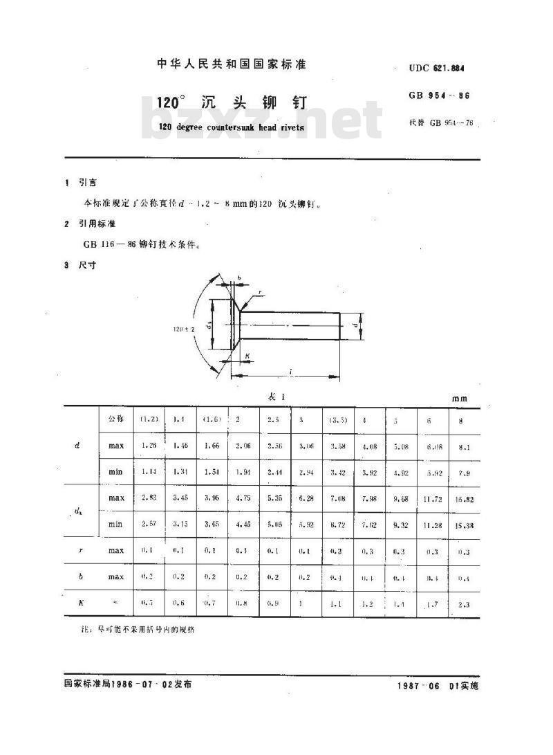 GB 954-1986 120°沉头铆钉
