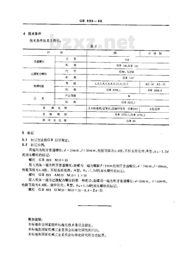 GB/T 899-1988 双头螺柱 bm=1.5d