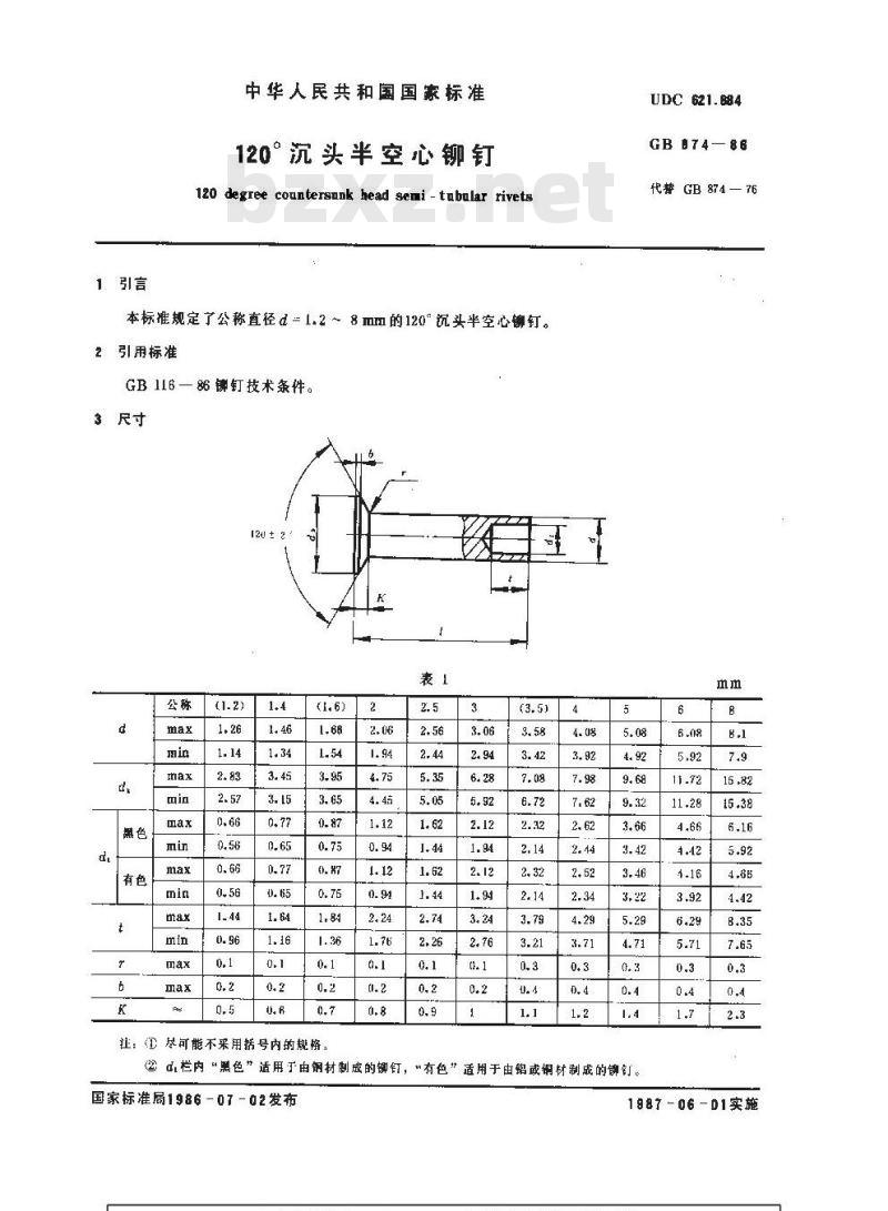GB/T 874-1986 120°沉头半空心铆钉