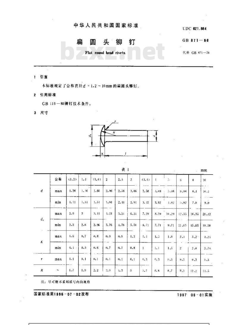 GB/T 871-1986 扁圆头铆钉