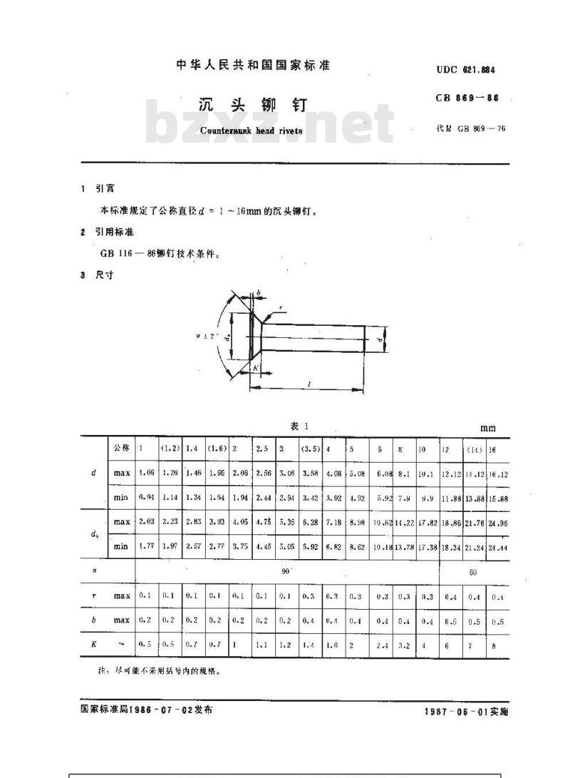 GB/T 869-1986 沉头铆钉