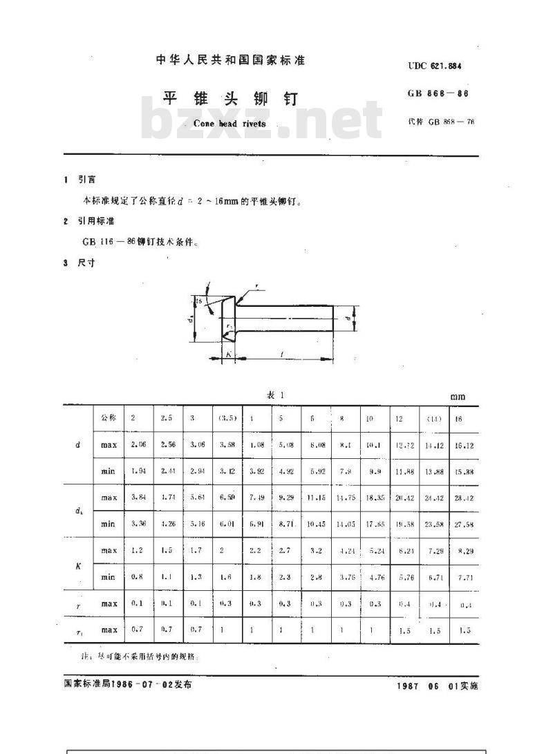 GB/T 868-1986 平锥头铆钉