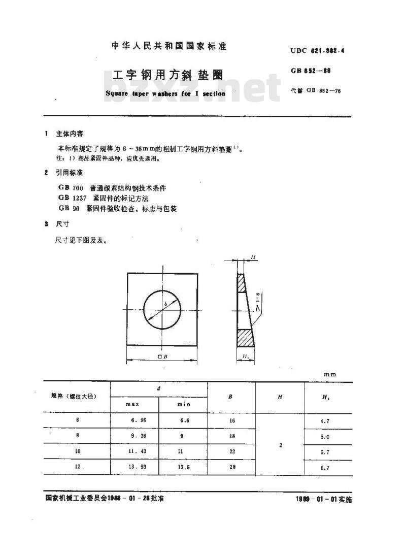 GB/T 852-1988 工字钢用方斜垫圈