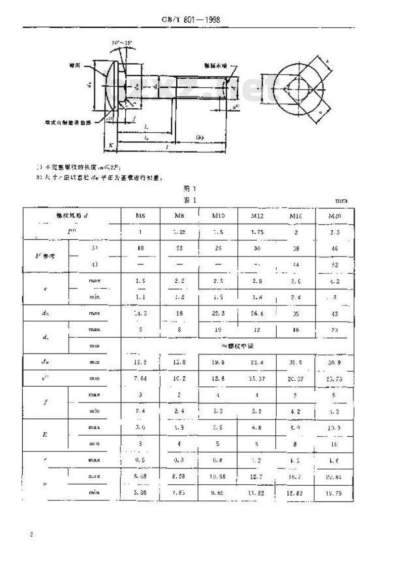 GB/T 801-1998 小半圆头低方颈螺栓 B级