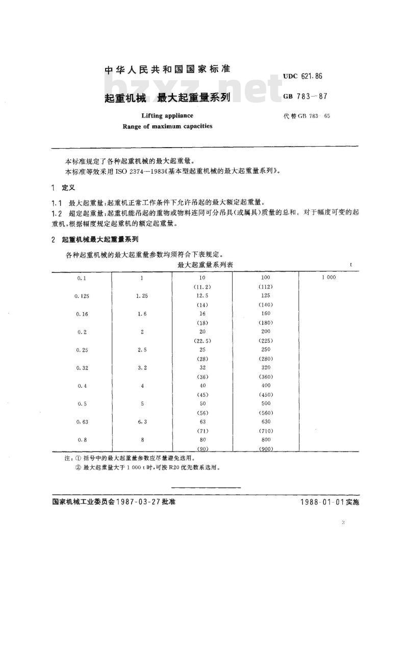 GB/T 783-1987 起重机械最大起重量系列