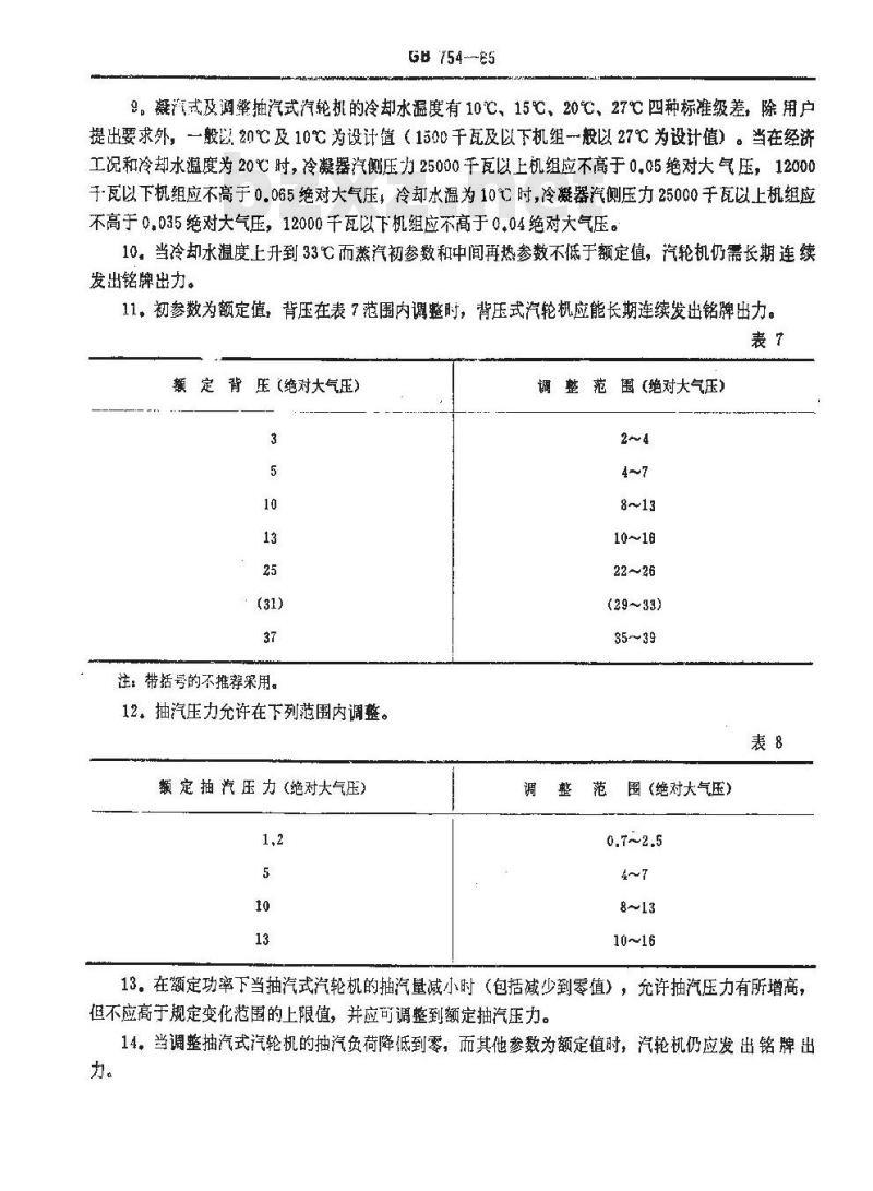 GB 754-1965 汽轮机 参数系列