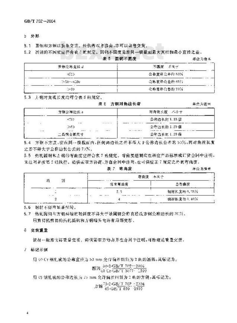 GB/T 702-2004 热轧圆钢和方钢尺寸、外形、重量及允许偏差