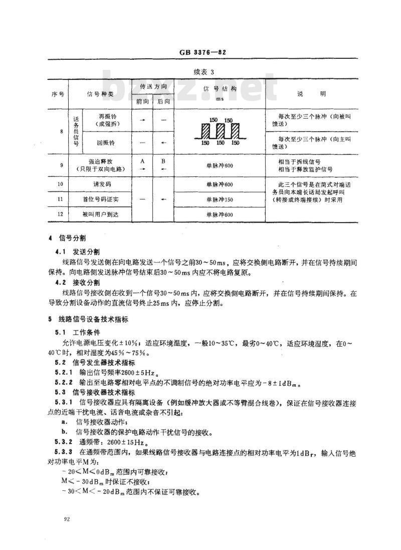 GB 3376-1982 电话自动交换网带内单频脉冲线路信号方式
