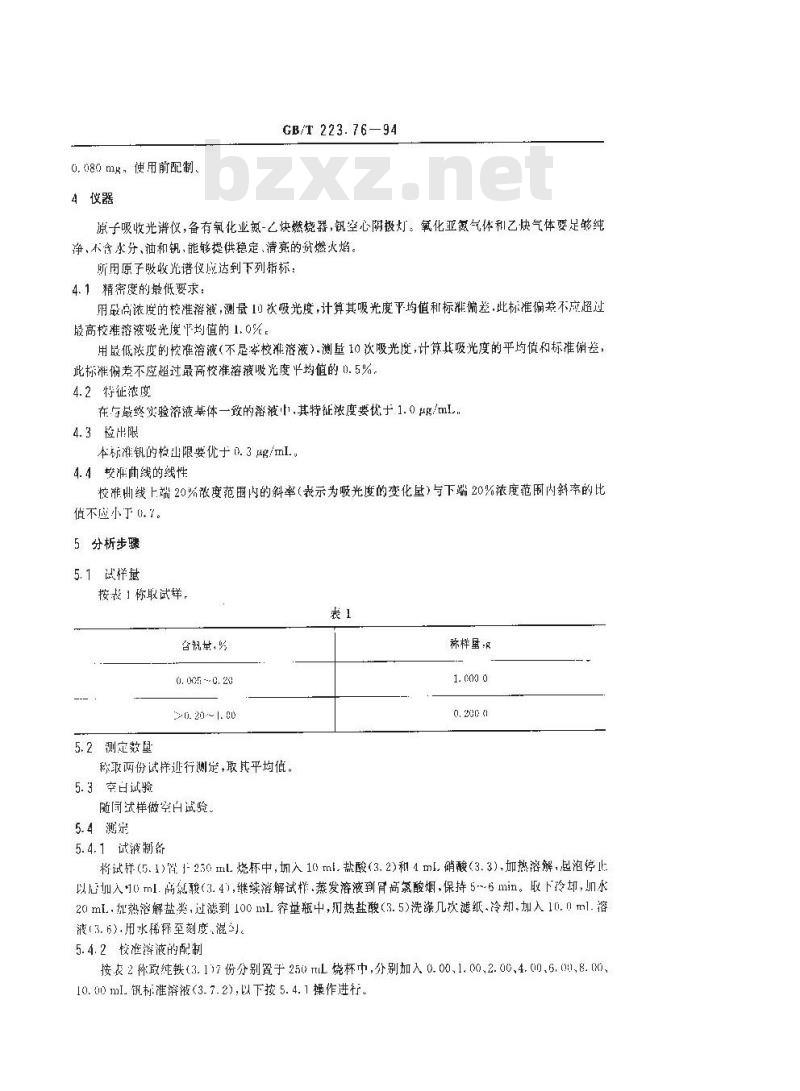 GB/T 223.76-1994 钢铁及合金化学分析方法 火焰原子吸收光谱法测定钒量