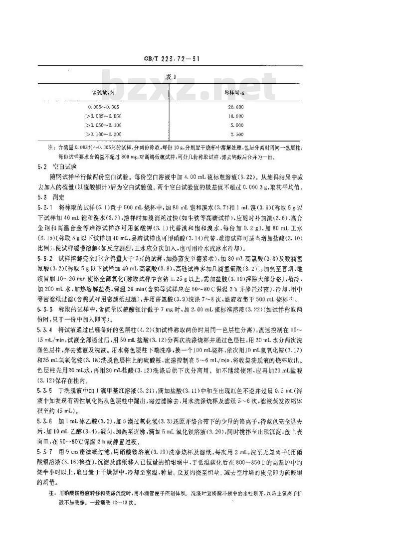 GB/T 223.72-1991 钢铁及合金化学分析方法 氧化铝色层分离--硫酸钡重量法测定硫量