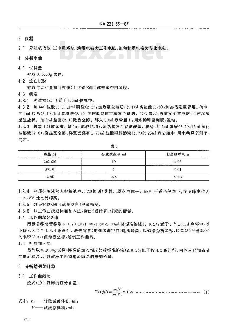 GB 223.55-1987 钢铁及合金化学分析方法 示波极谱(直接)法测定碲量