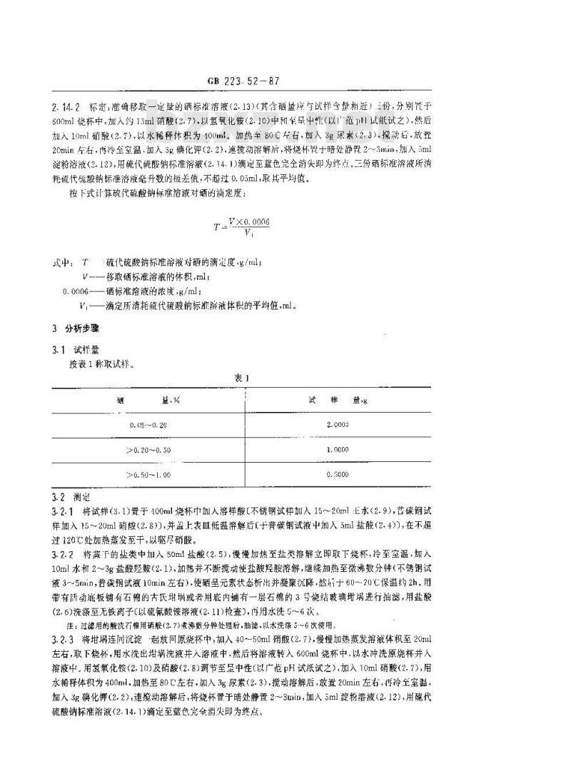 GB 223.52-1987 钢铁及合金化学分析方法 盐酸羟胺-碘量法测定硒量