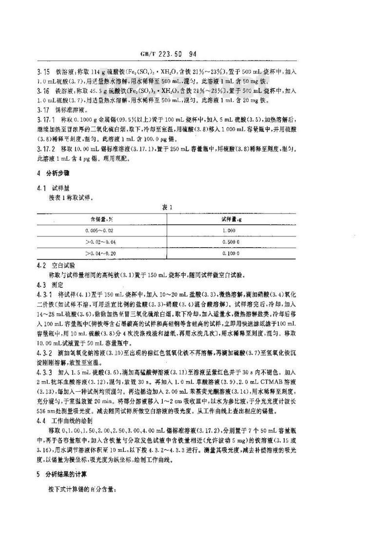 GB/T 223.50-1994 钢铁及合金化学分析方法 苯基荧光酮-溴化十六烷基三甲基胺直接光度法测定锡量