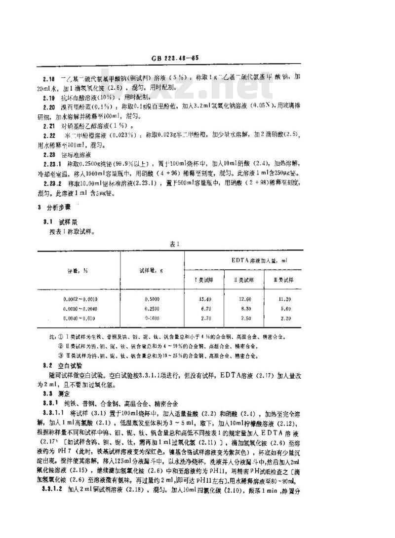 GB 223.48-1985 钢铁及合金化学分析方法 半二甲酚橙光度法测定铋量