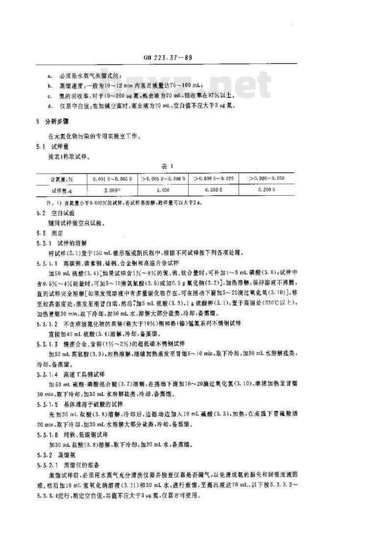 GB 223.37-1989 钢铁及合金化学分析方法 蒸馏分离-靛酚蓝光度法测定氮量