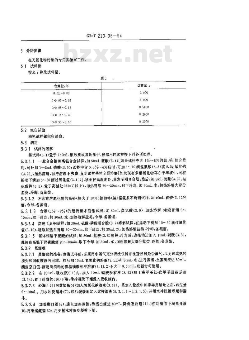 GB/T 223.36-1994 钢铁及合金化学分析方法 蒸馏分离-中和滴定法测定氮量
