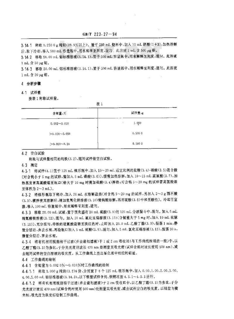 GB/T 223.27-1994 钢铁及合金化学分析方法 硫氰酸盐-乙酸丁酯萃取分光光度法测定钼量