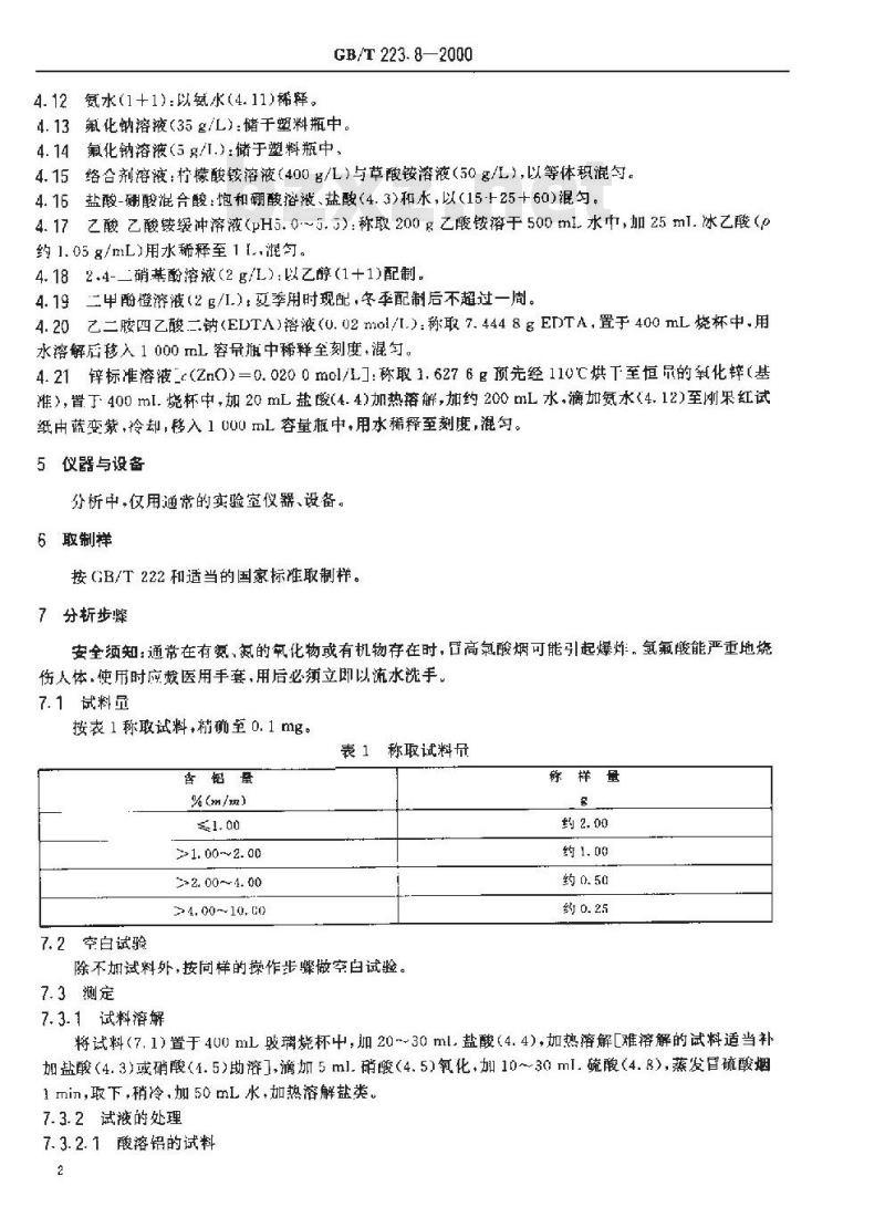 GB/T 223.8-2000 钢铁及合金化学分析方法 氟化钠分离-EDTA滴定法测定铝含量