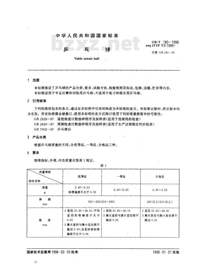 GB/T 180-1998 乒乓球