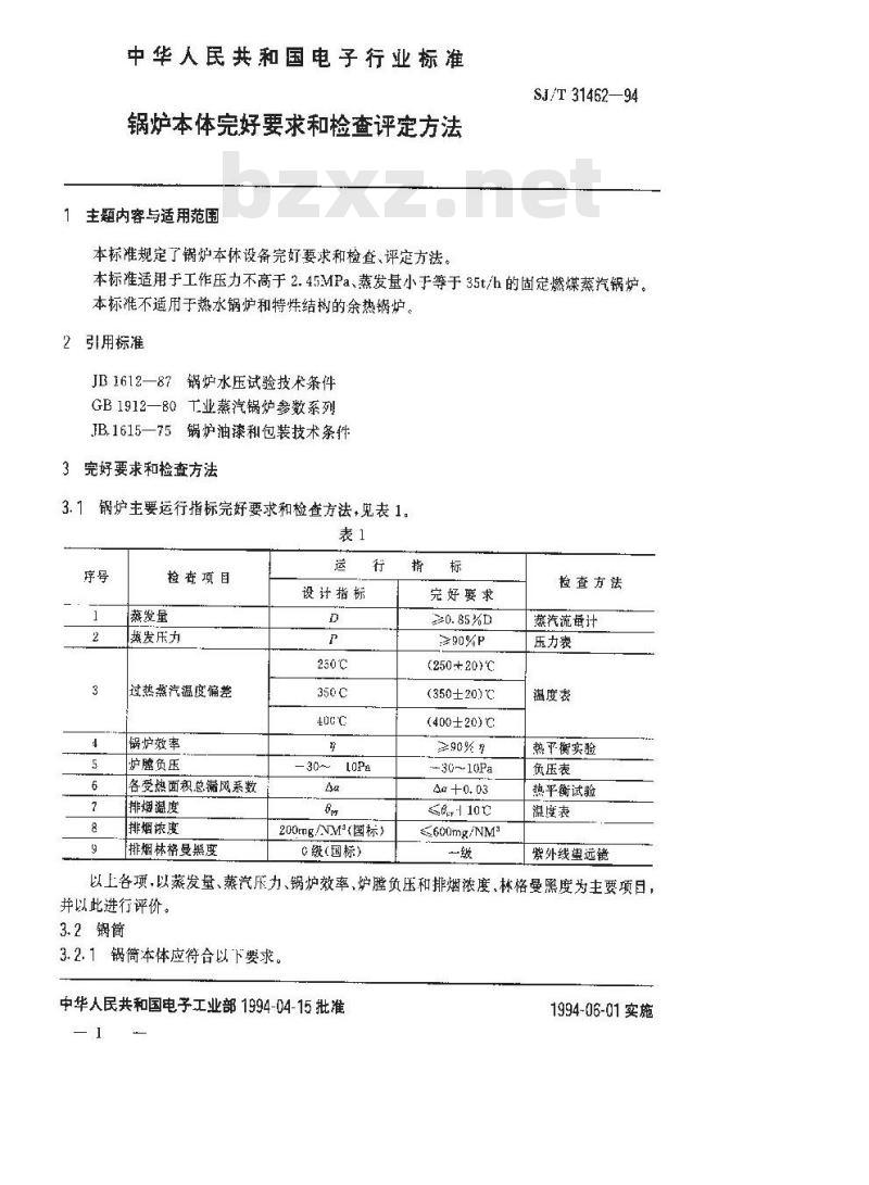 SJ/T 31462-1994 锅炉本体完好要求和检查评定方法