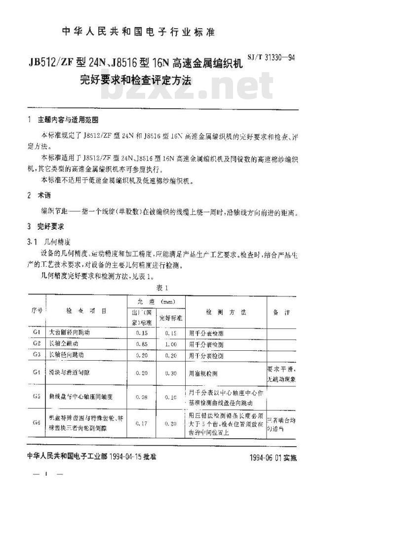 SJ/T 31330-1994 JB512/ZF型24NJ8516型16N高速金属编织机完好要求和检查评定方法
