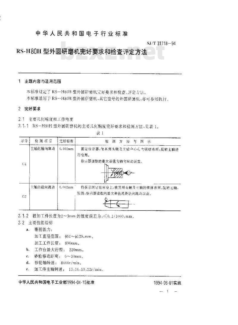 SJ/T 31118-1994 RS－H80H型外圆 磨机完好要求和检查评定方法