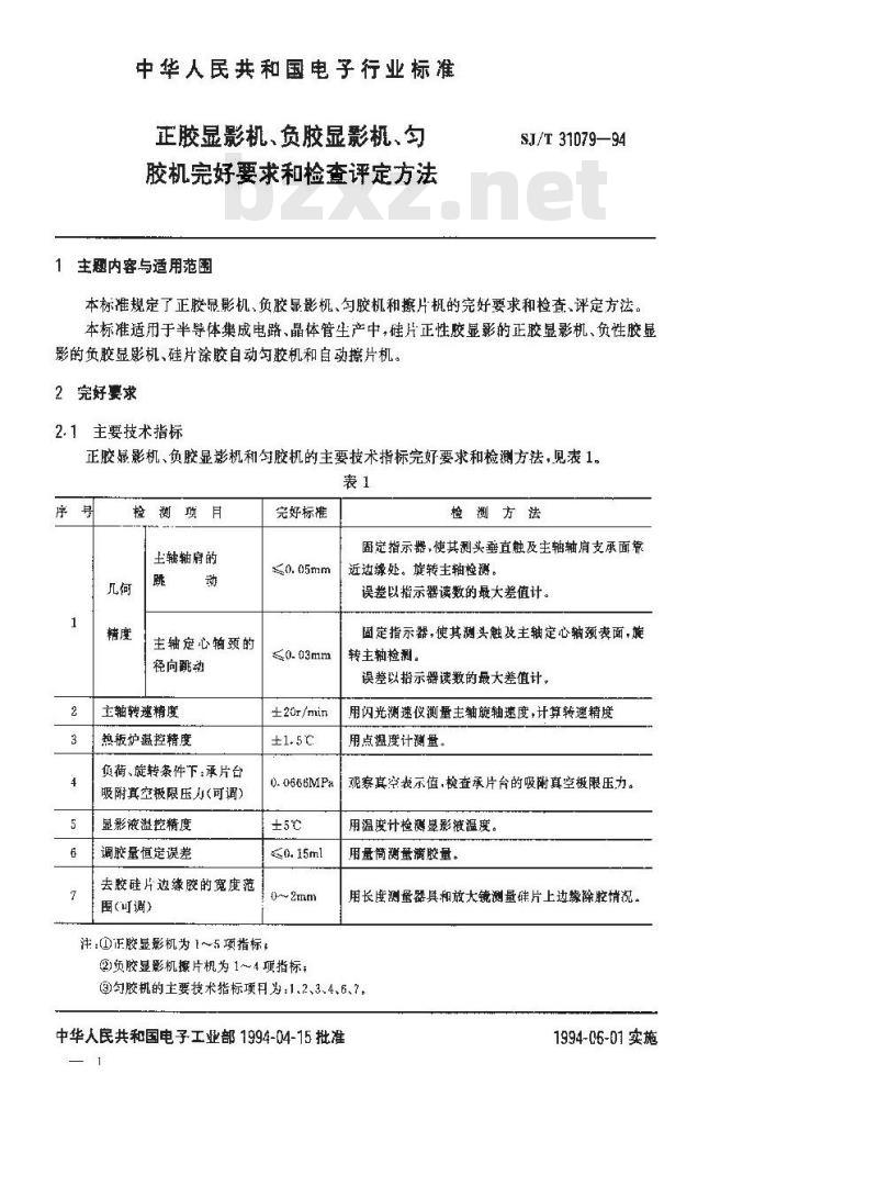 SJ/T 31079-1994 正、负胶显示影机、匀胶机完好要求和检查评定方法