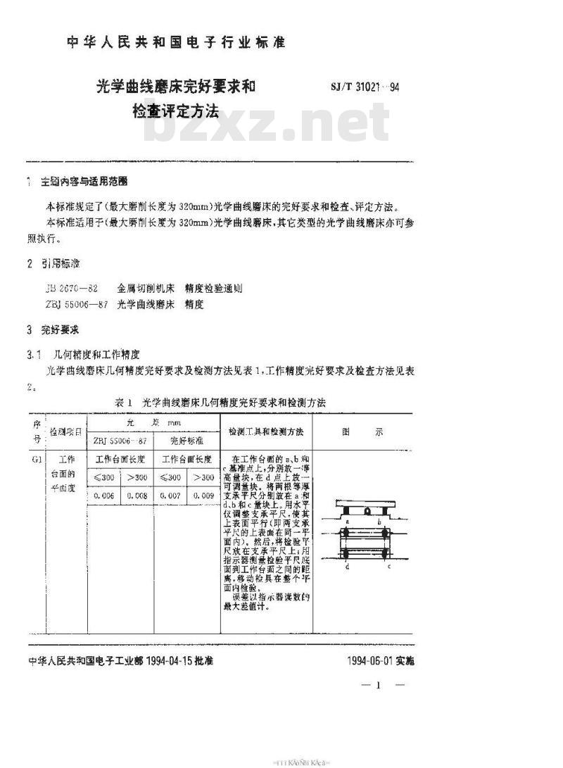 SJ/T 31021-1994 光学曲线磨床完好要求和检查评定方法
