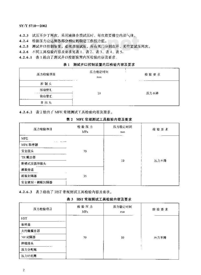 SY/T 5710-2002 试油测试工具性能检验技术规程