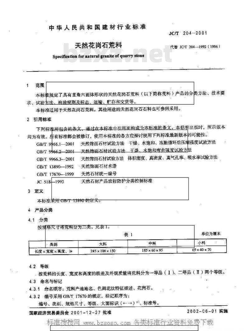 JC/T 204-2001 天然花岗石荒料
