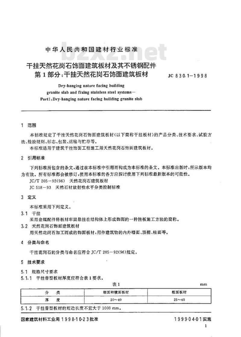 JC 830.1-1998 干挂天然花岗石饰面建筑板材及其不锈钢配件 第一部分:干挂天然花岗石饰面建筑板材