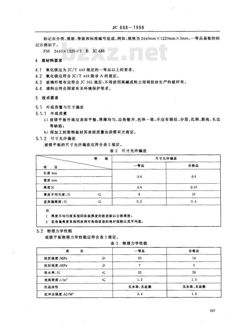 JC 688-1998 玻镁平板