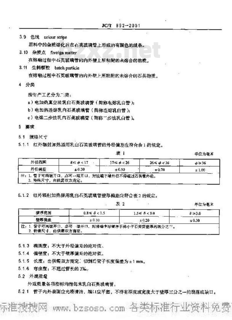 JC/T 892-2001 红外辐射加热器用乳白石英玻璃管