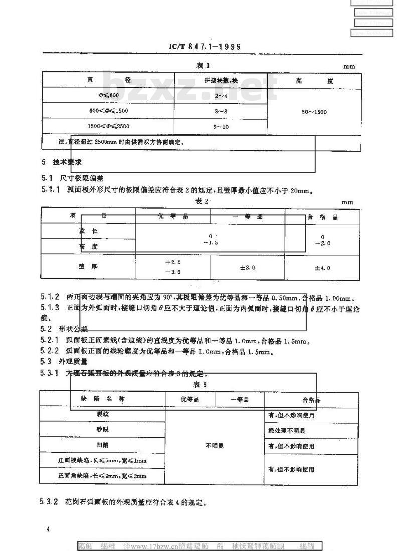 JC/T 847.1-1999 异型装饰石材 第1部分:弧面板