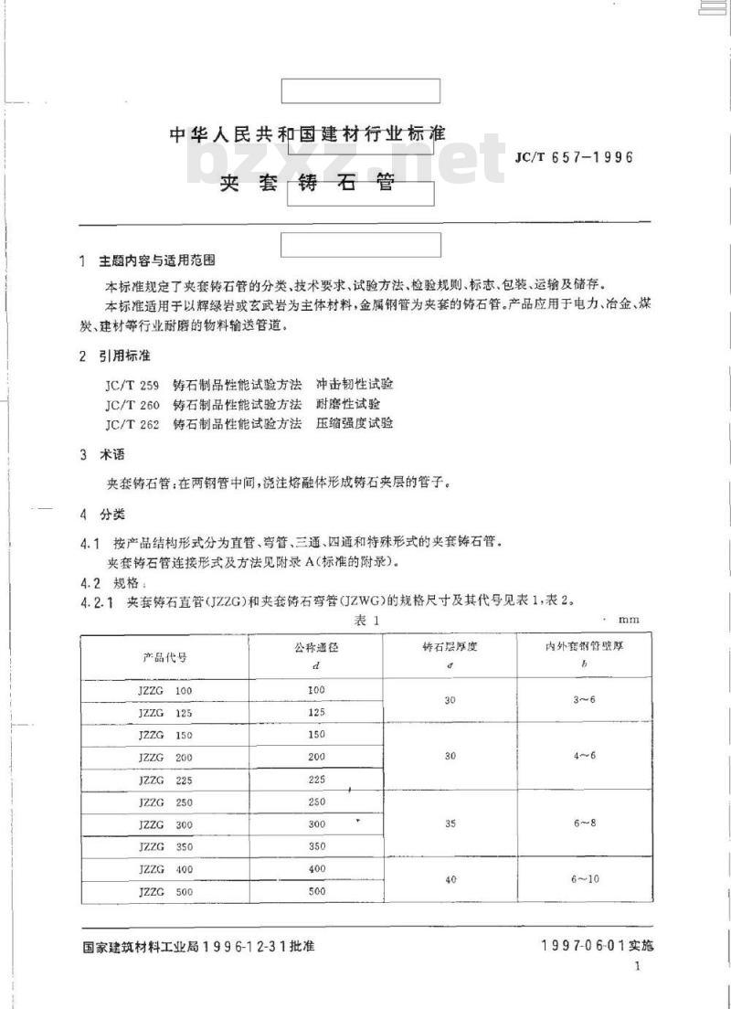 JC/T 657-1996 夹套铸石管