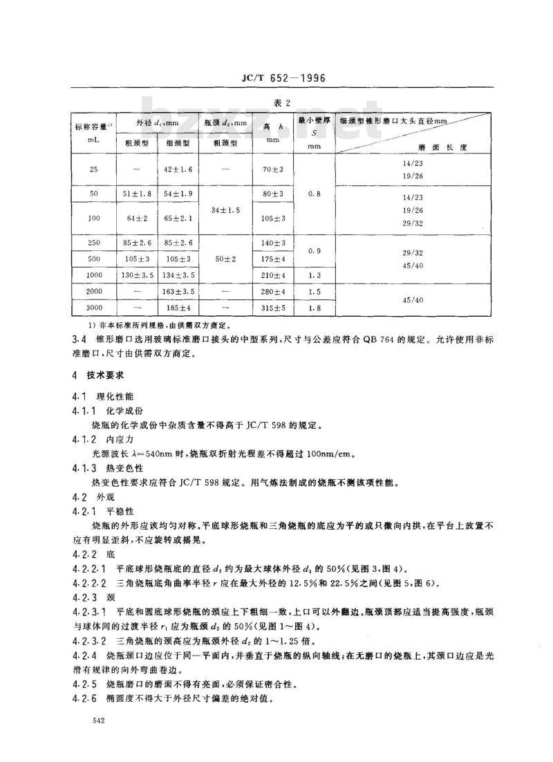 JC/T 652-1996 石英玻璃器皿 烧瓶