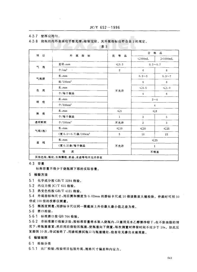 JC/T 652-1996 石英玻璃器皿 烧瓶