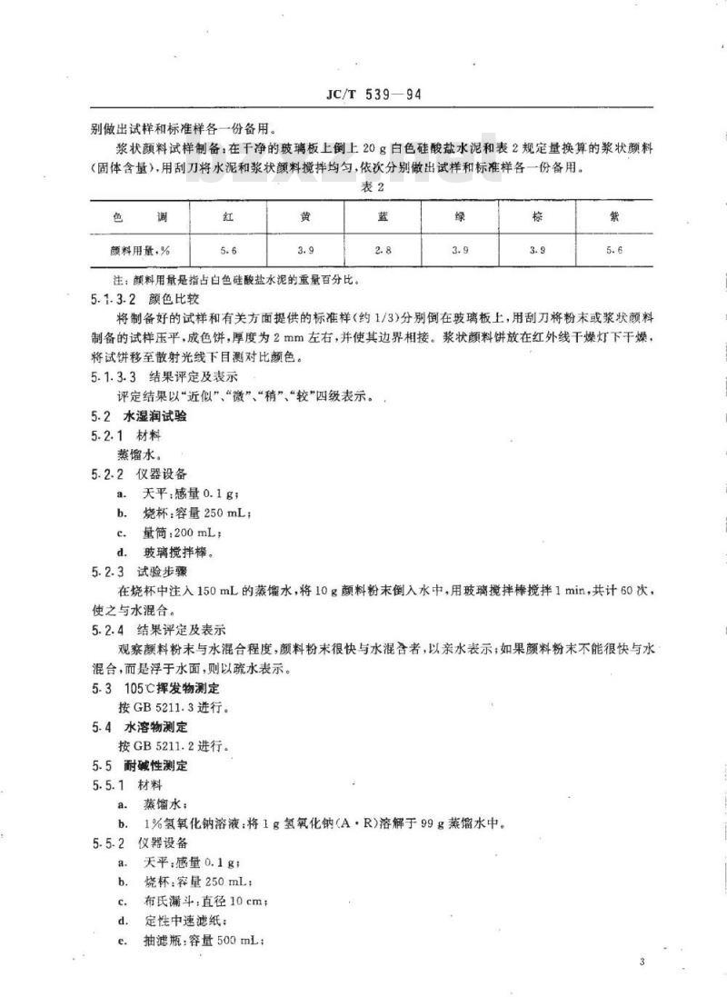 JC/T 539-1994 混凝土和砂浆用颜料及其试验方法